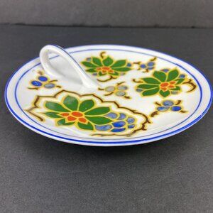 Nappy Plate Candy Trinket Dish Floral Beyer & Bock Germany Round White Blue Trim